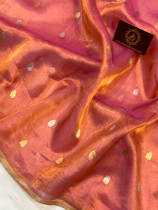 Orangish Pink Banarasi Handloom Organza Tissue Silk Saree - Aura Benaras