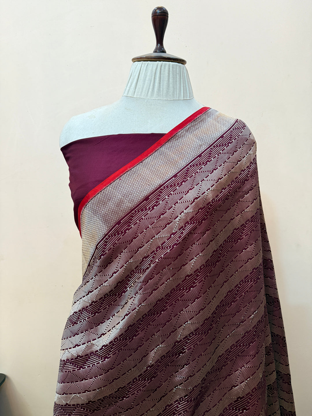 Wine Katan Satin Silk Saree with Zari Geometric Work