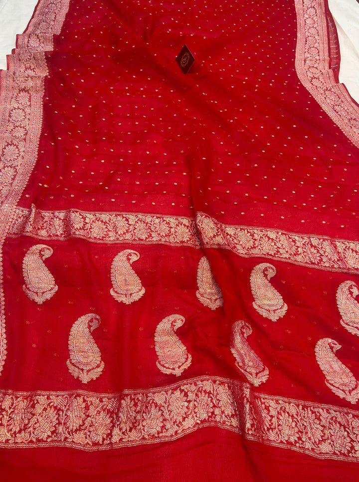 Red Khaddi Chiffon Banarasi Handloom Saree - Aura Benaras