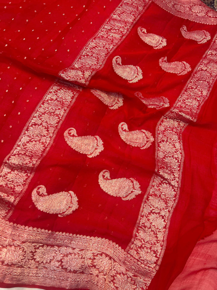Red Khaddi Chiffon Banarasi Handloom Saree - Aura Benaras