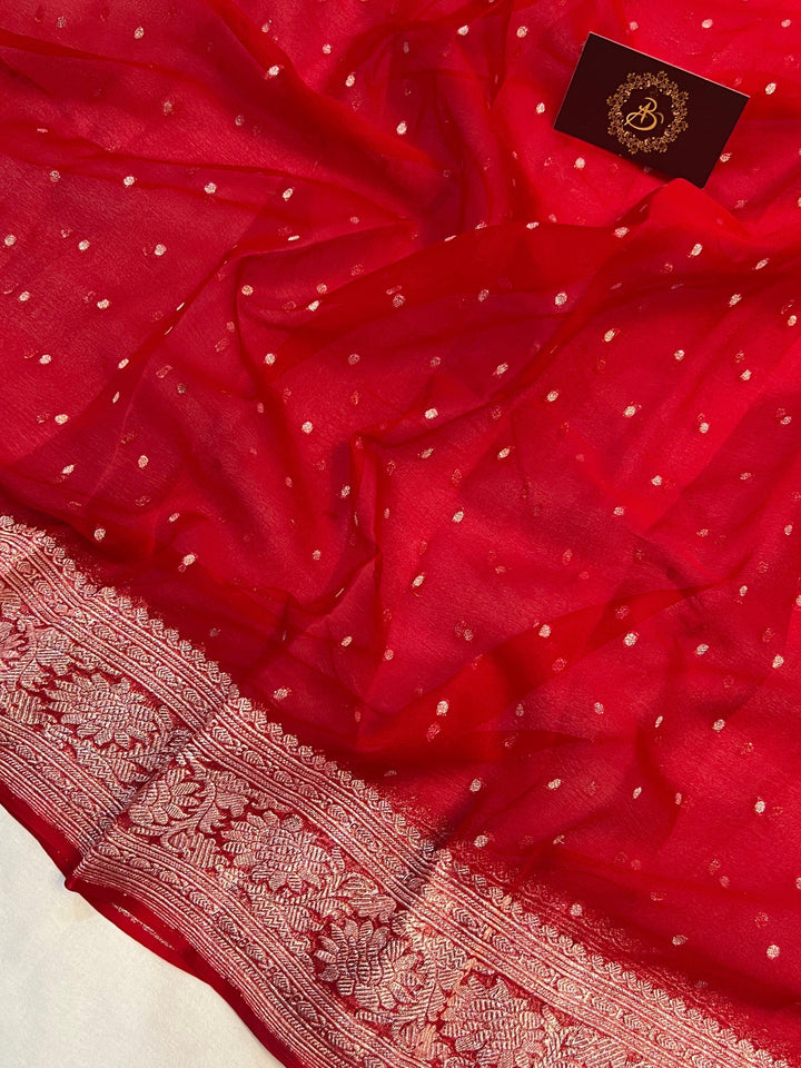 Red Khaddi Chiffon Banarasi Handloom Saree - Aura Benaras