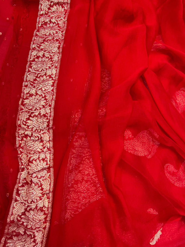 Red Khaddi Chiffon Banarasi Handloom Saree - Aura Benaras