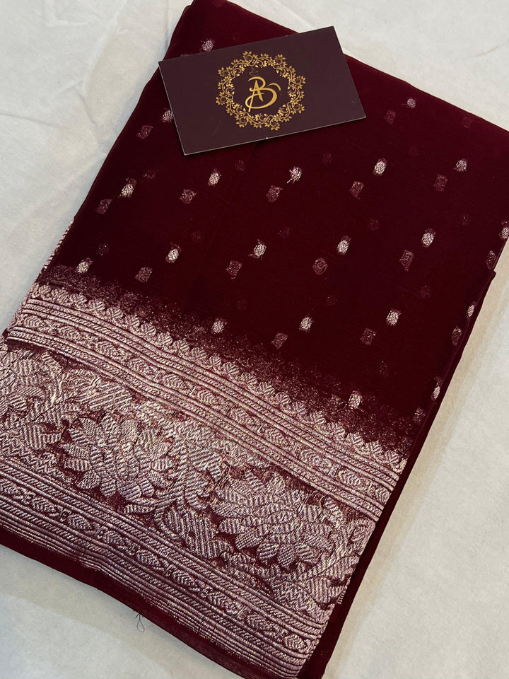 Garnet Khaddi Chiffon Banarasi Handloom Saree - Aura Benaras