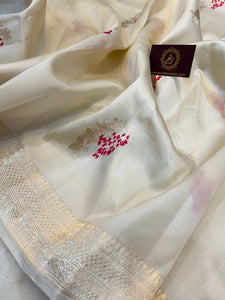 Cream Pure Banarasi Handloom Silk Saree - Aura Benaras