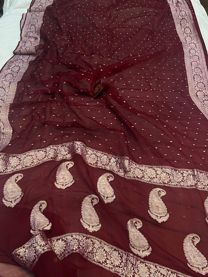 Garnet Khaddi Chiffon Banarasi Handloom Saree - Aura Benaras