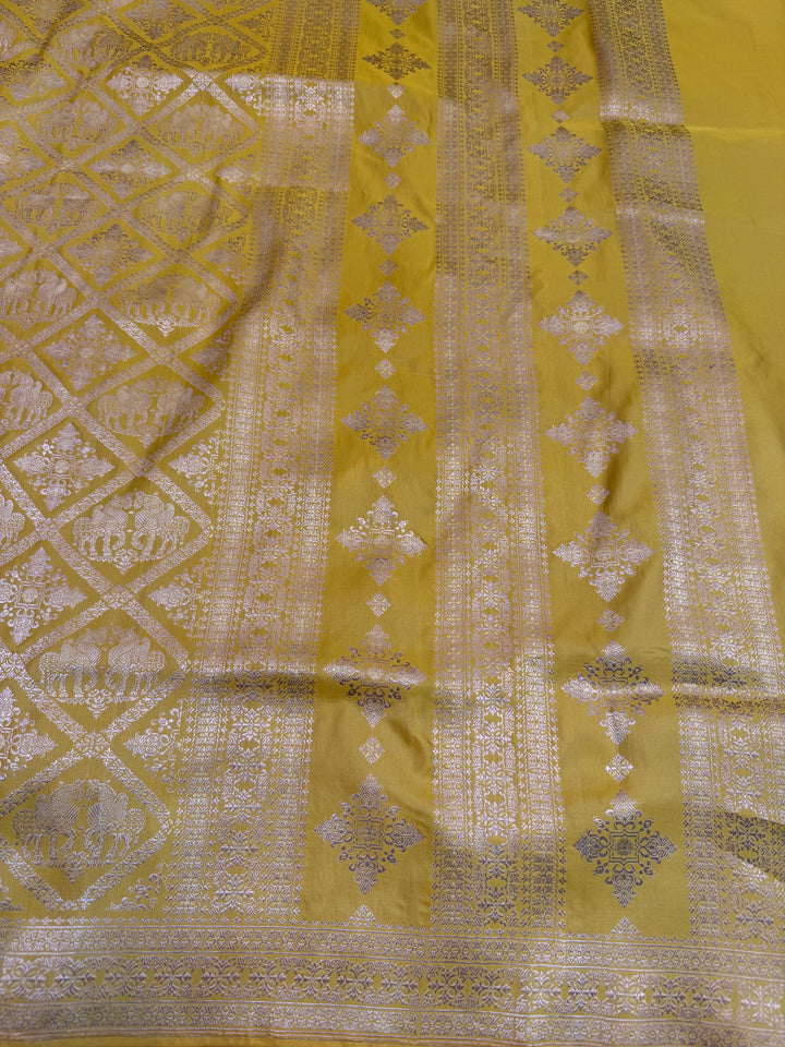 Lemon Yellow Pure Banarasi Handloom Katan Satin Silk Saree