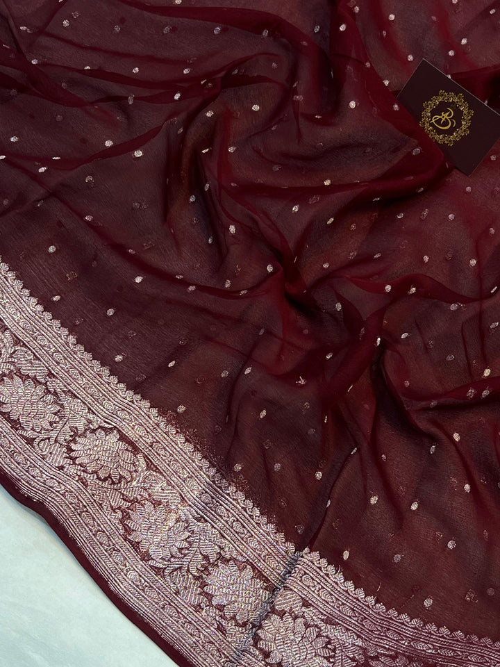 Garnet Khaddi Chiffon Banarasi Handloom Saree - Aura Benaras