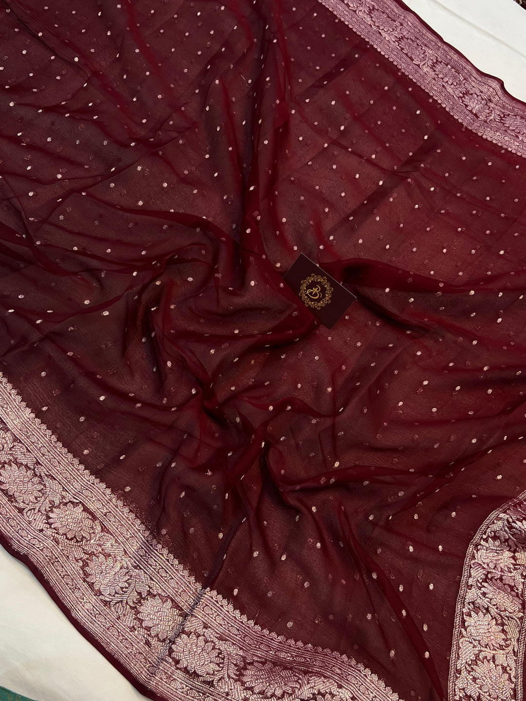 Garnet Khaddi Chiffon Banarasi Handloom Saree - Aura Benaras