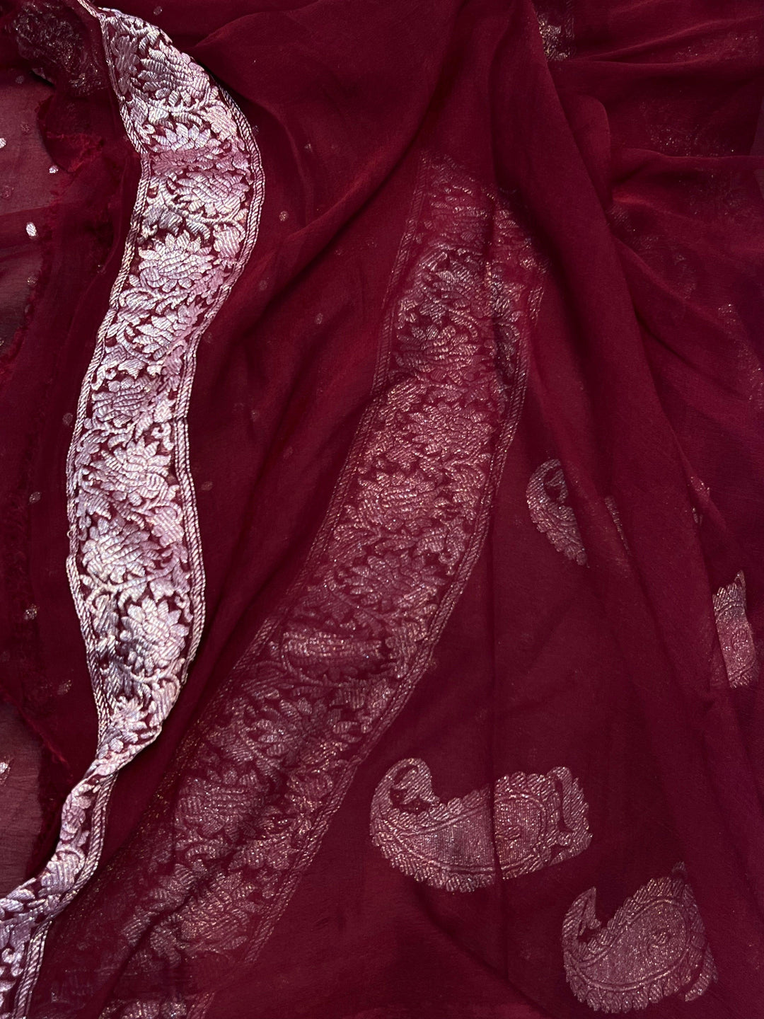 Garnet Khaddi Chiffon Banarasi Handloom Saree - Aura Benaras