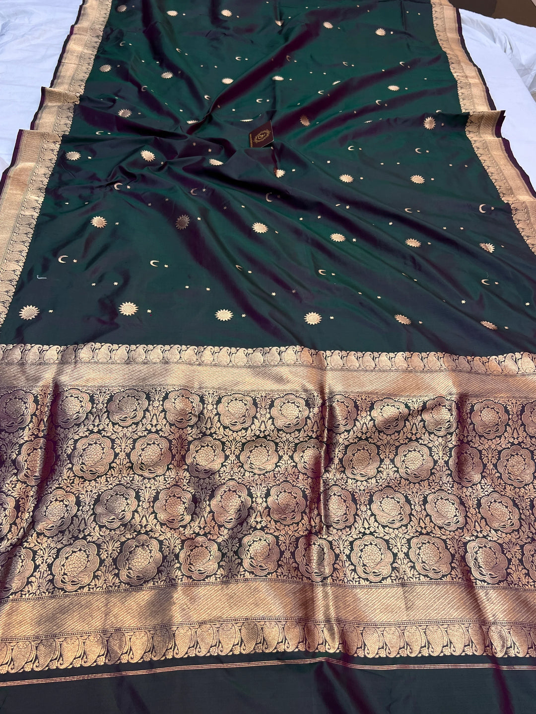 Bottle Green Pure Katan Silk Handloom Banarasi Saree