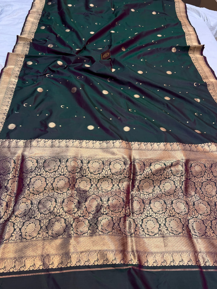 Bottle Green Pure Katan Silk Handloom Banarasi Saree