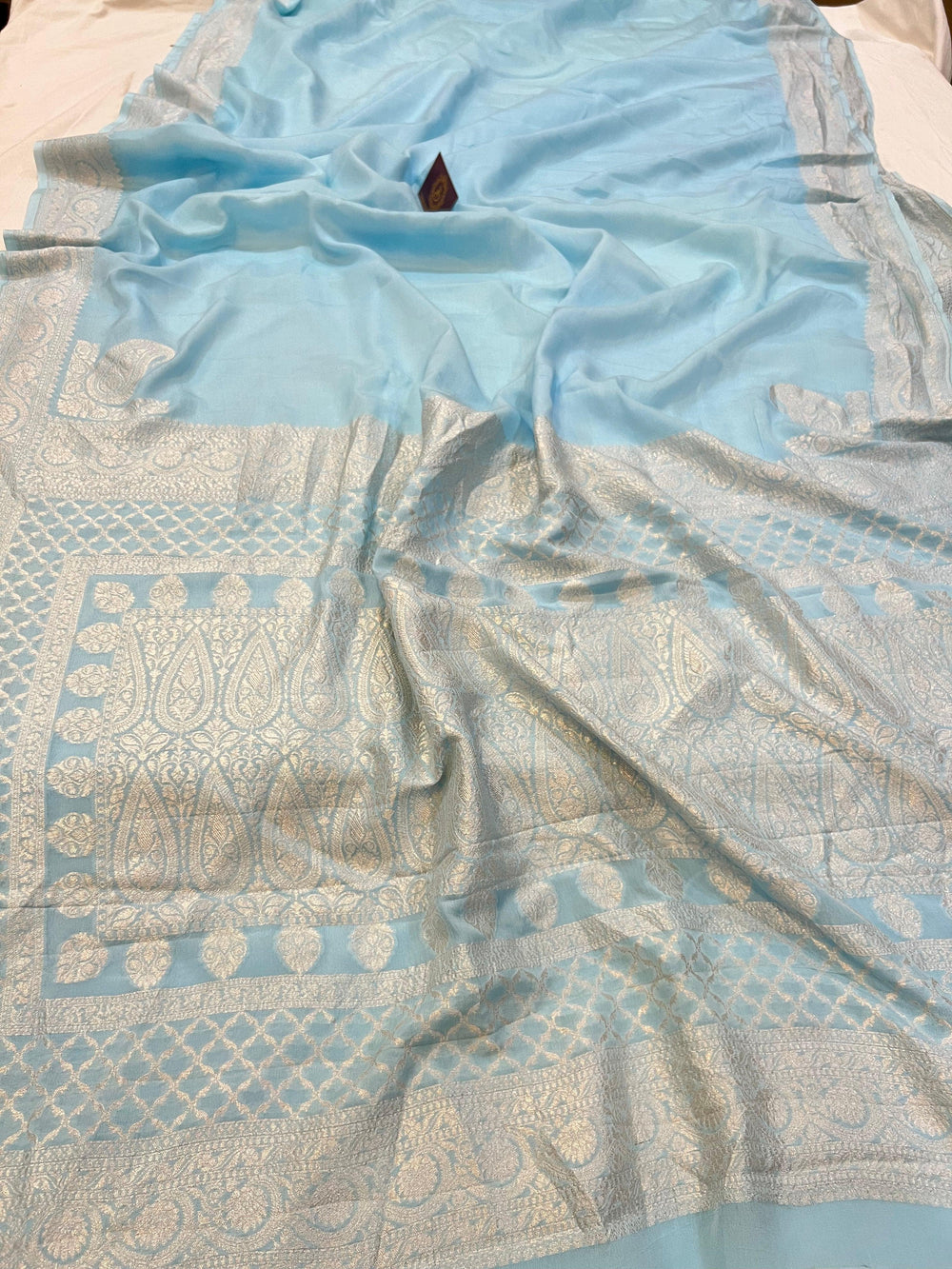 Pani Blue Pure Banarasi Khaddi Crepe Silk Saree - Aura Benaras