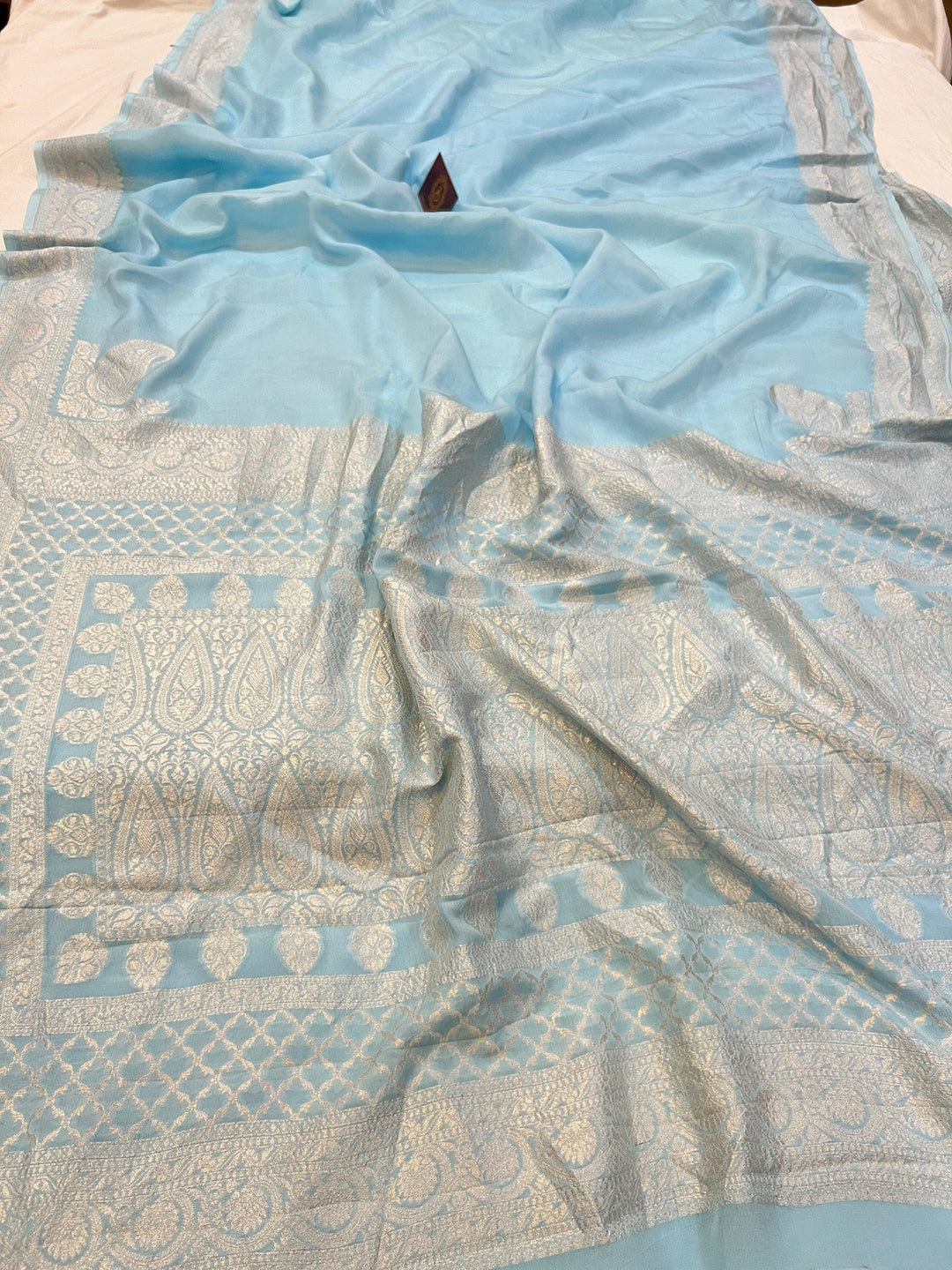 Pani Blue Pure Banarasi Khaddi Crepe Silk Saree - Aura Benaras