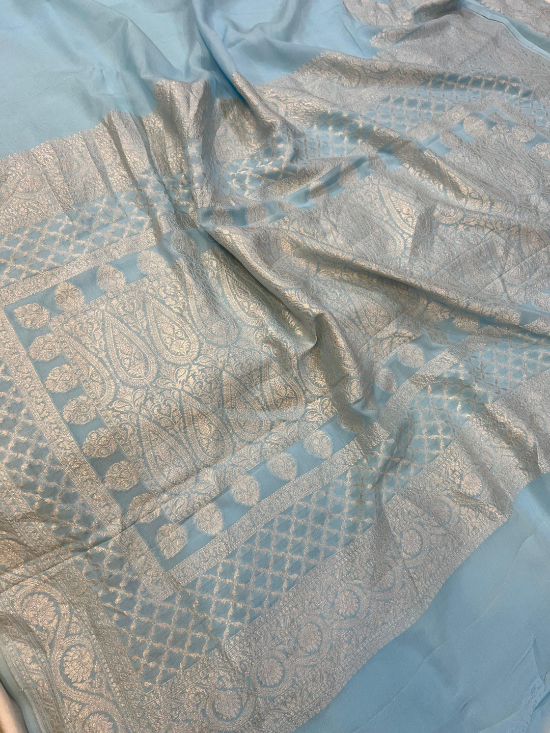 Pani Blue Pure Banarasi Khaddi Crepe Silk Saree - Aura Benaras