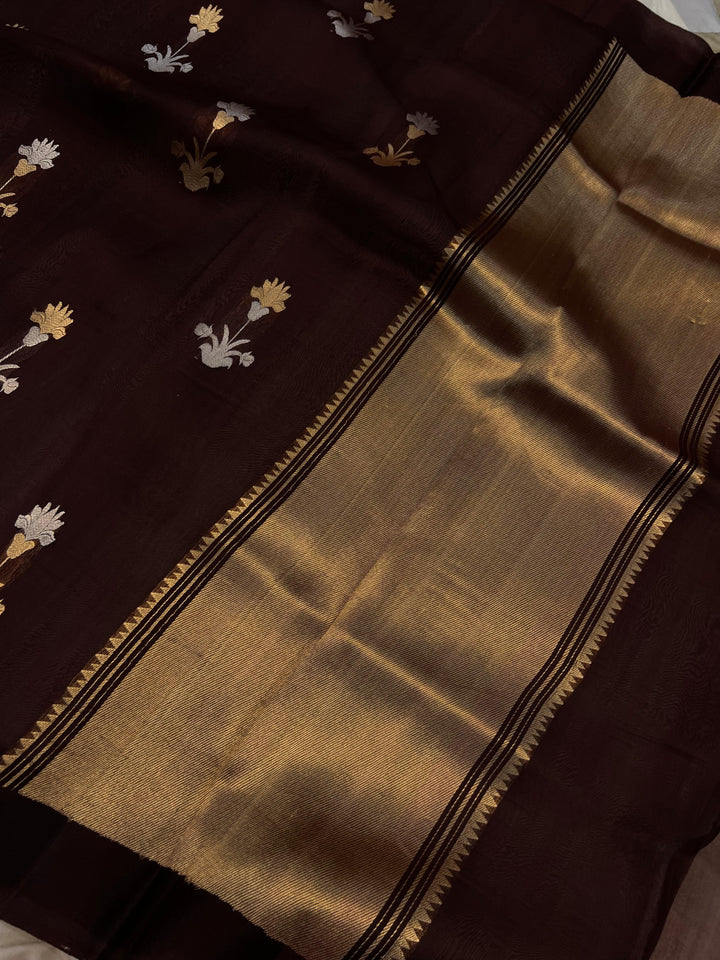 Brown Banarasi Handloom Kora Silk Saree - Aura Benaras