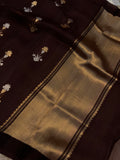 Brown Banarasi Handloom Kora Silk Saree - Aura Benaras