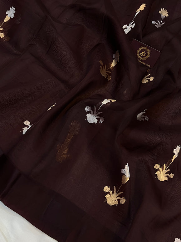 Brown Banarasi Handloom Kora Silk Saree - Aura Benaras