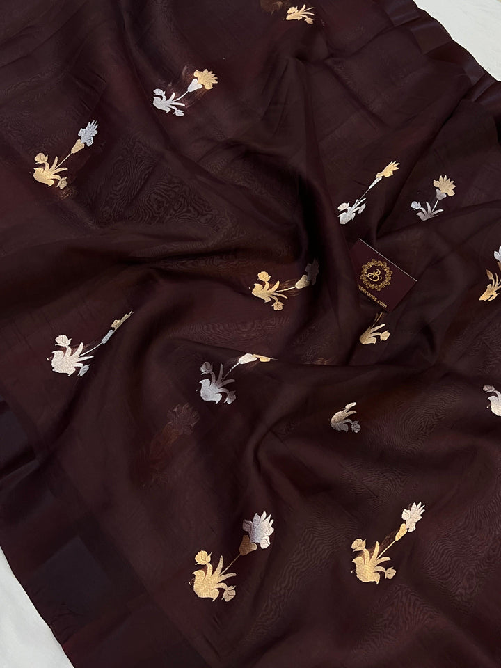 Brown Banarasi Handloom Kora Silk Saree - Aura Benaras