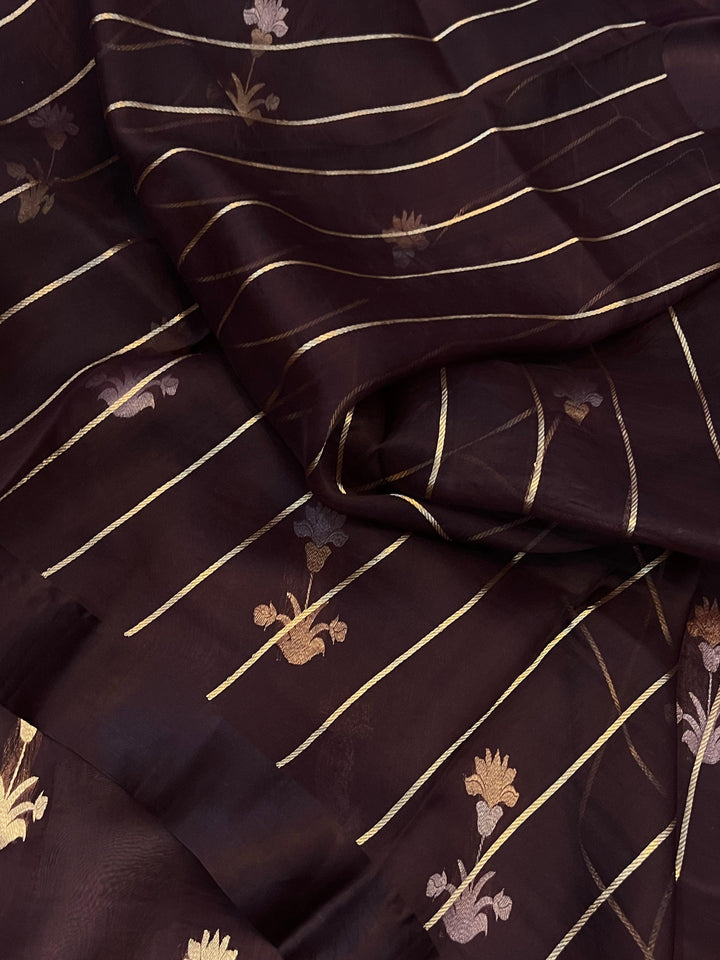 Brown Banarasi Handloom Kora Silk Saree - Aura Benaras