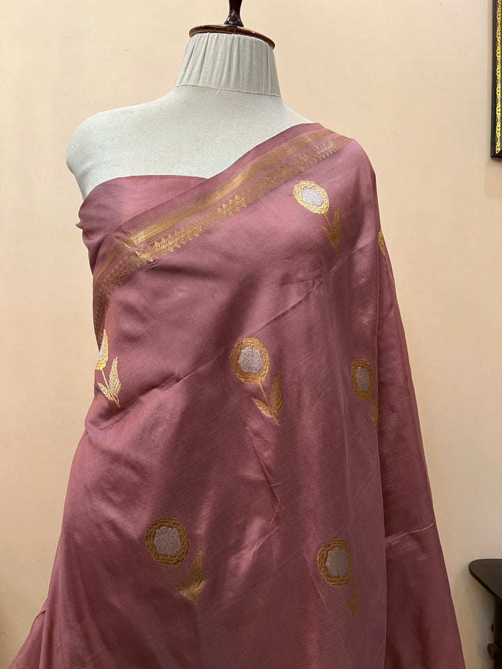 Onion Pure Katan Silk Handloom Banarasi Saree