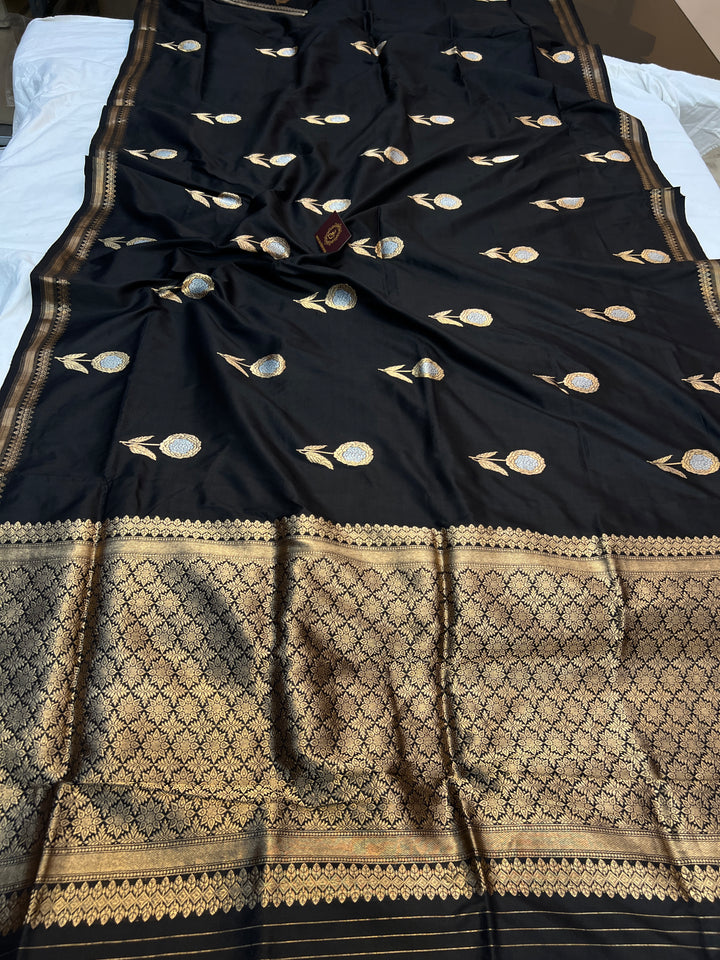 Black Pure Katan Silk Handloom Banarasi Saree