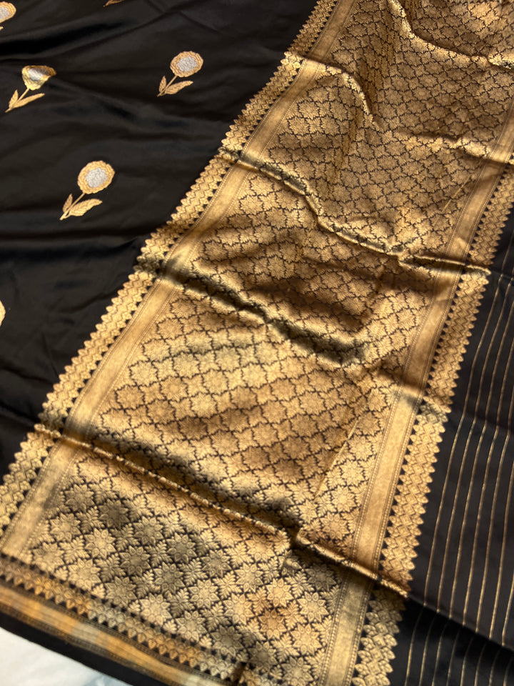 Black Pure Katan Silk Handloom Banarasi Saree
