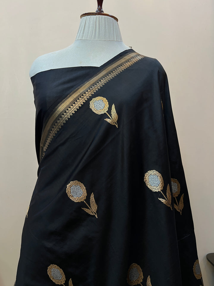Black Pure Katan Silk Handloom Banarasi Saree