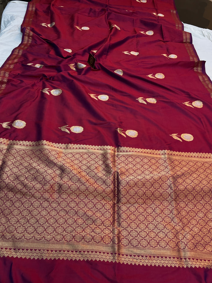 Maroon Pure Katan Silk Handloom Banarasi Saree