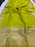 Neon Green Banarasi Handloom Kora Katan Silk Saree - Aura Benaras