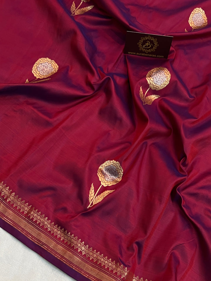 Maroon Pure Katan Silk Handloom Banarasi Saree