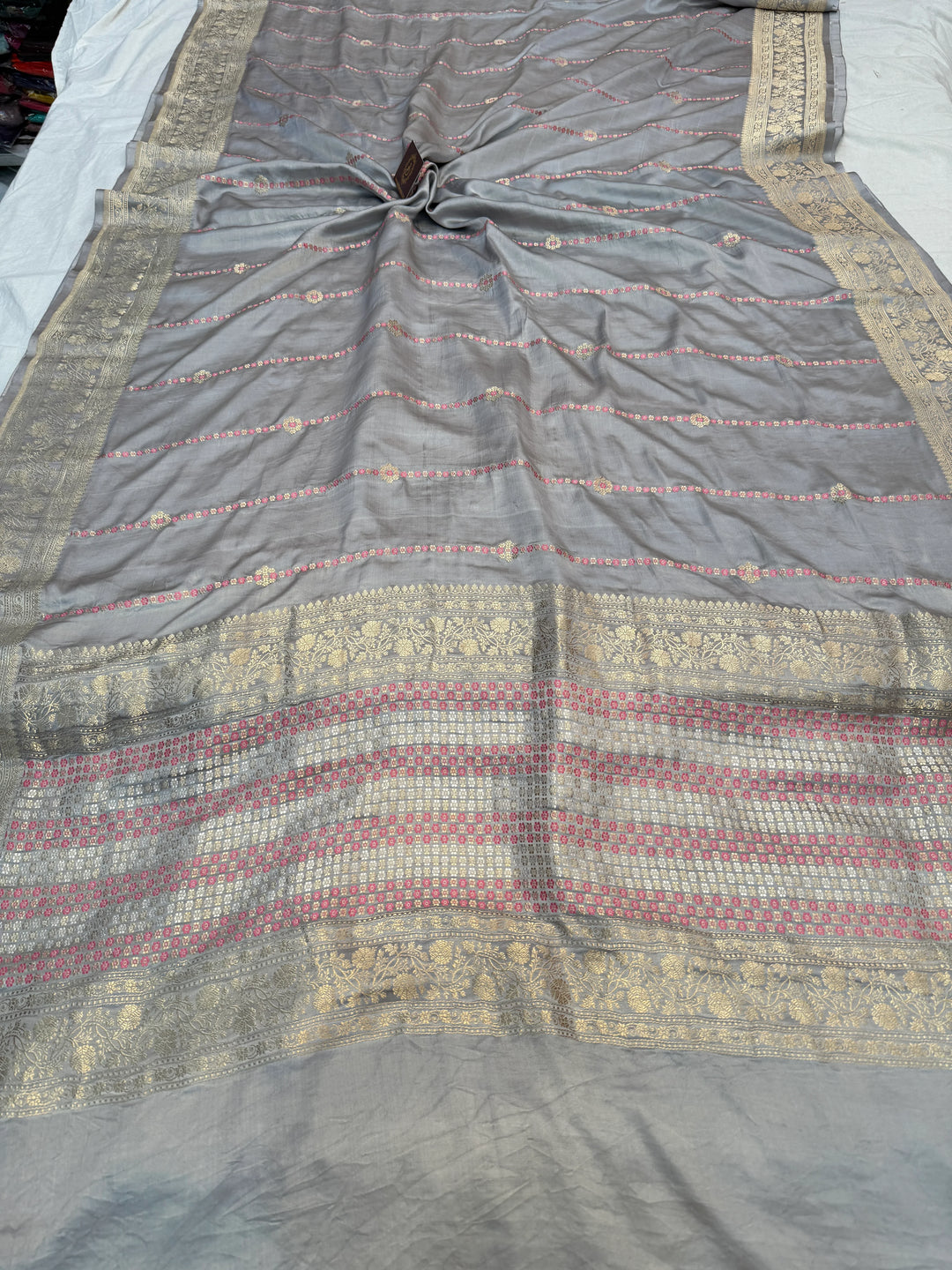 Grey Pure Mashru Silk Handloom Banarasi Saree