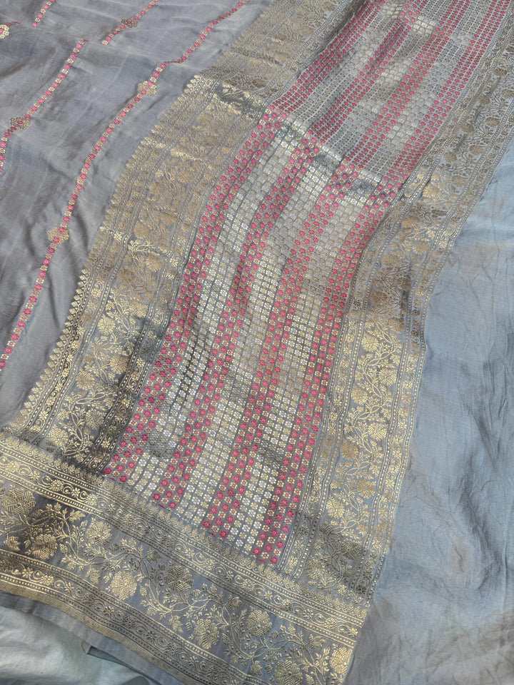 Grey Pure Mashru Silk Handloom Banarasi Saree