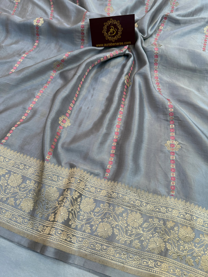 Grey Pure Mashru Silk Handloom Banarasi Saree