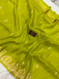 Neon Green Banarasi Handloom Kora Katan Silk Saree - Aura Benaras