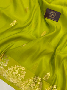 Neon Green Banarasi Handloom Kora Katan Silk Saree - Aura Benaras