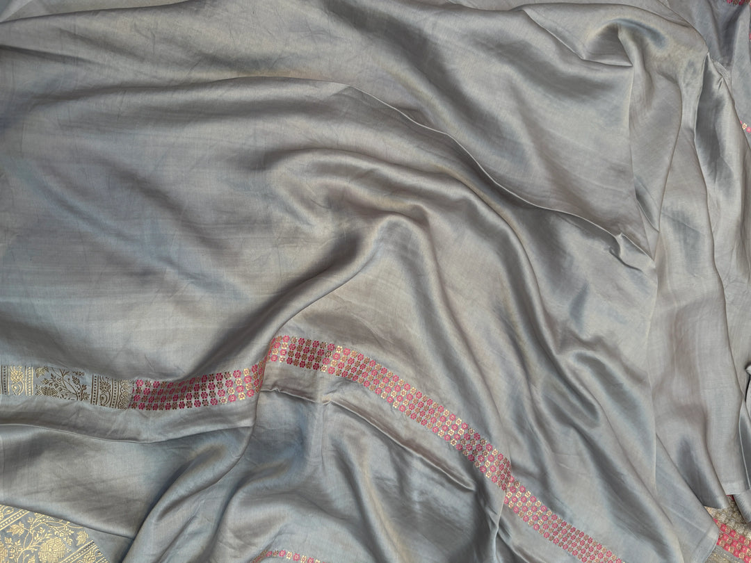 Grey Pure Mashru Silk Handloom Banarasi Saree
