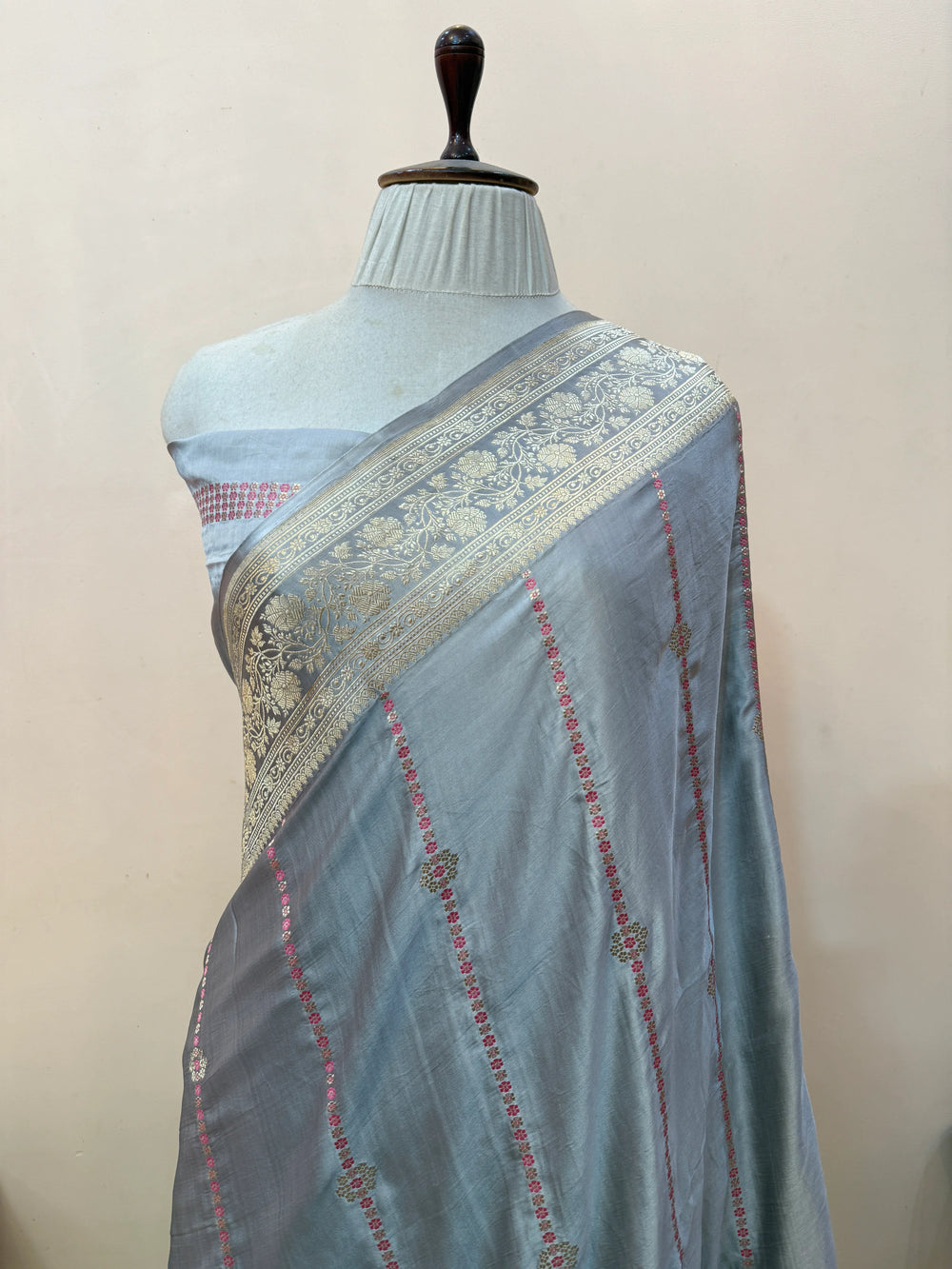 Grey Pure Mashru Silk Handloom Banarasi Saree