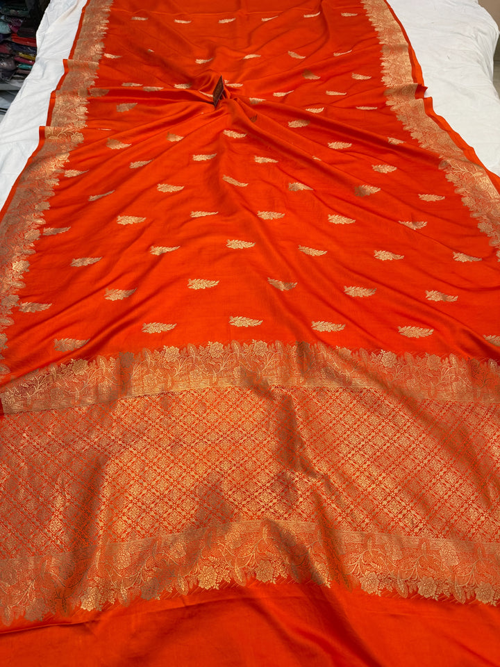 Orange Pure Mashru Silk Handloom Banarasi Saree
