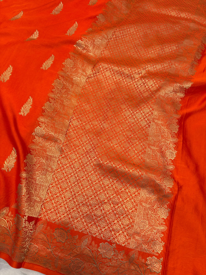 Orange Pure Mashru Silk Handloom Banarasi Saree