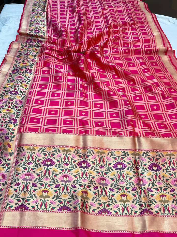 Orangish Pink Pure Banarasi Handloom Katan Silk Saree