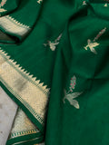 Dark Green Pure Banarasi Handloom Silk Saree - Aura Benaras