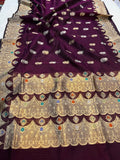 Wine Banarasi Handloom Kora Silk Saree - Aura Benaras