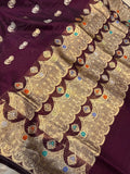 Wine Banarasi Handloom Kora Silk Saree - Aura Benaras