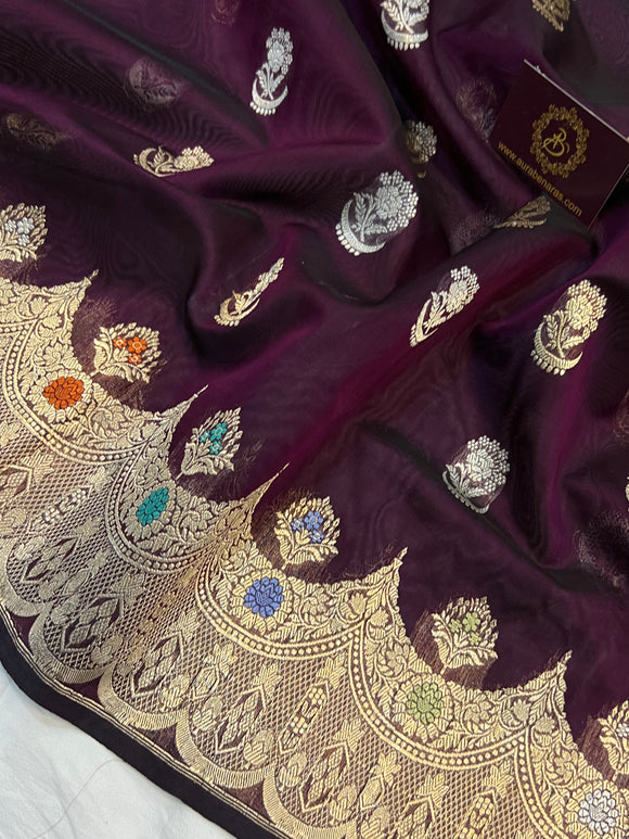 Wine Banarasi Handloom Kora Silk Saree - Aura Benaras