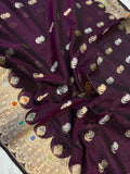 Wine Banarasi Handloom Kora Silk Saree - Aura Benaras