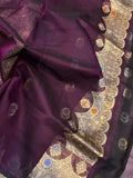 Wine Banarasi Handloom Kora Silk Saree - Aura Benaras