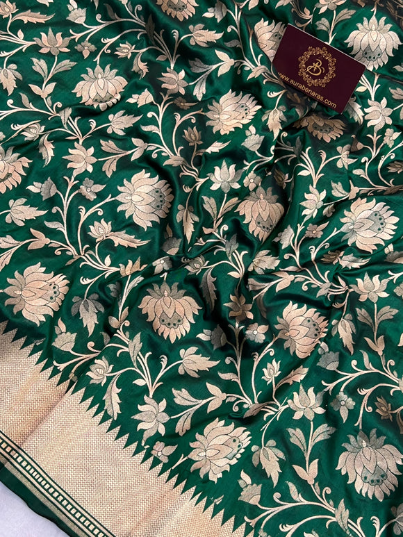 Bottle Green Pure Katan silk Handloom Banarasi Saree