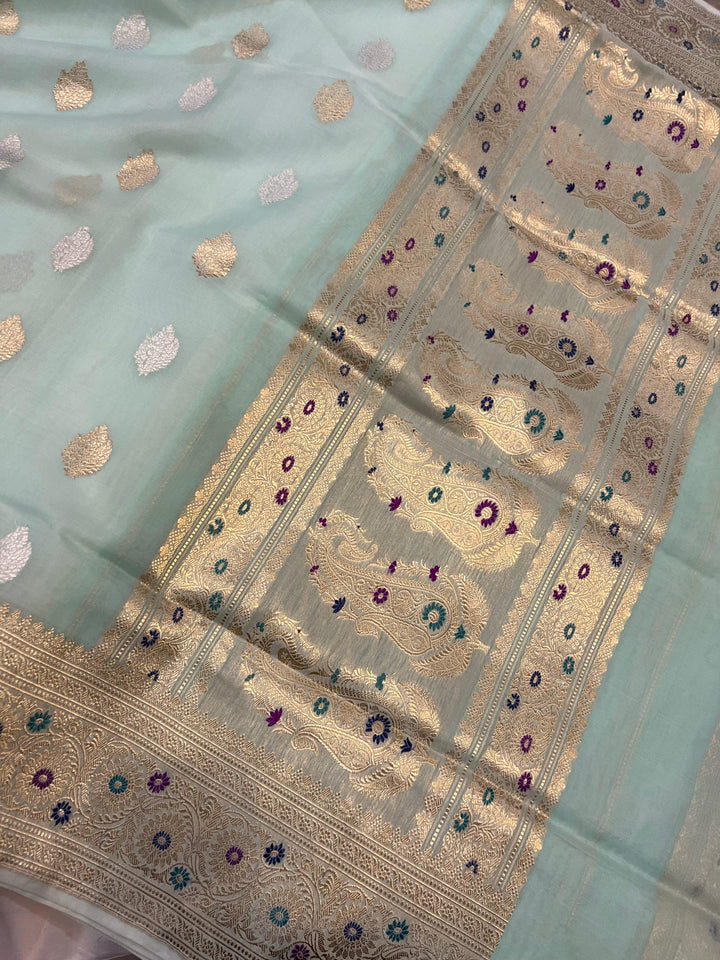 Pani Blue Banarasi Handloom Kora Silk Saree - Aura Benaras