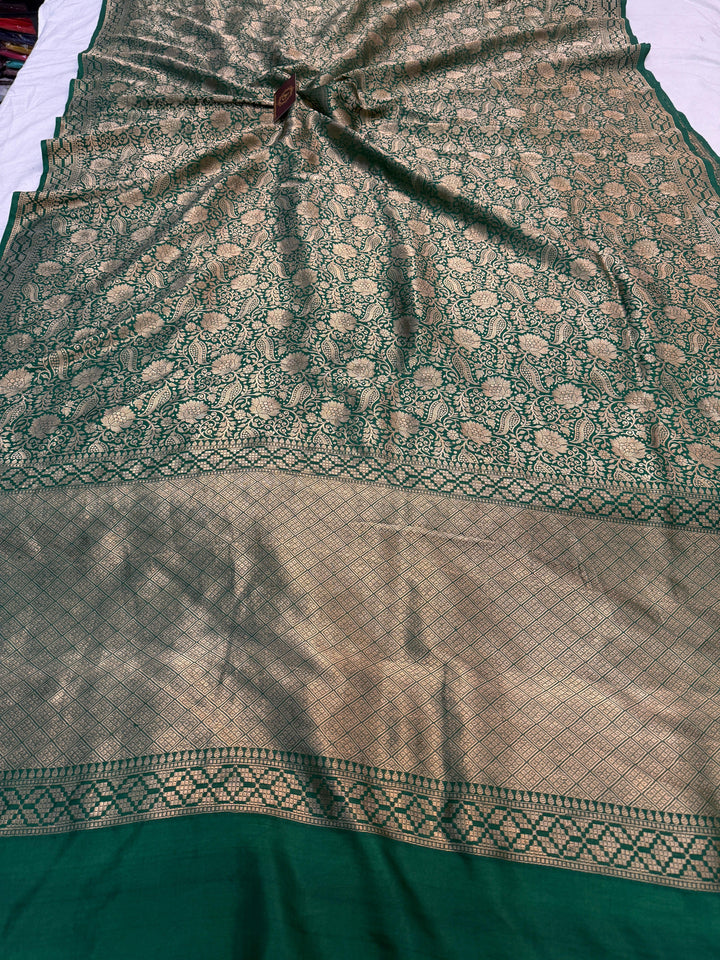 Bottle Green Pure Katan silk Handloom Banarasi Saree