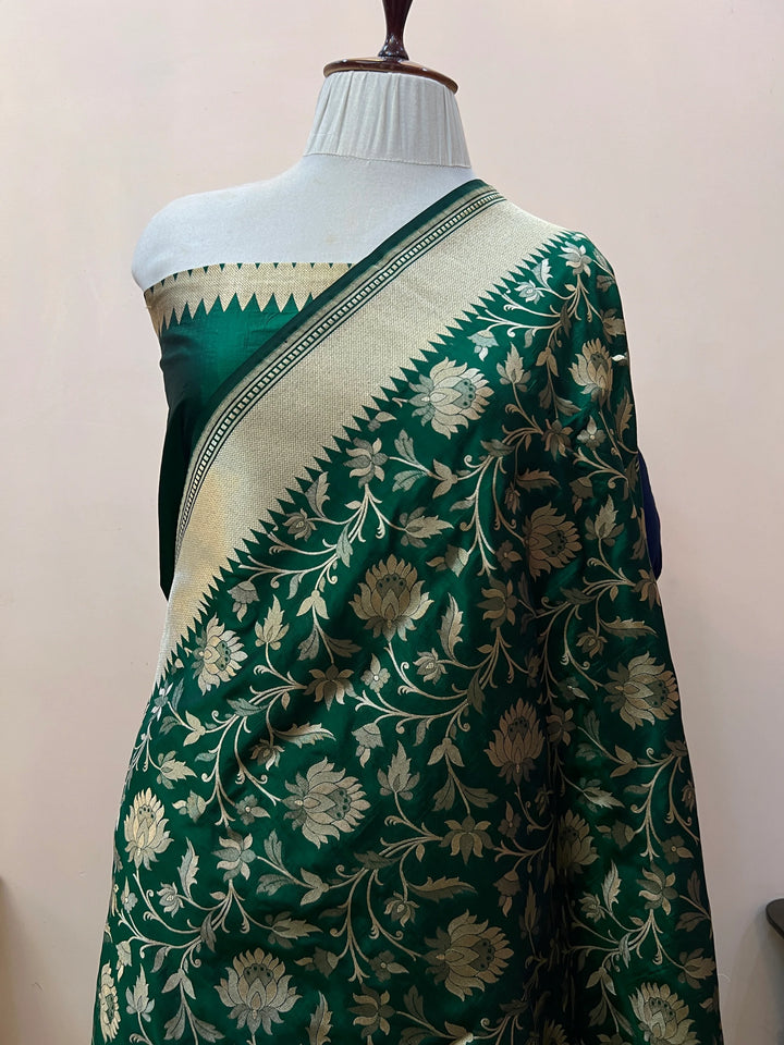 Bottle Green Pure Katan silk Handloom Banarasi Saree